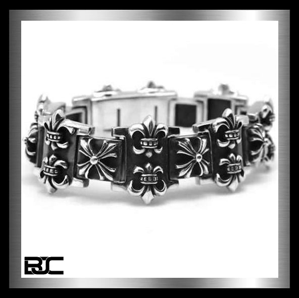 Sterling Silver Biker Bracelet Heavy Fleur De Lis Maltese Cross Link 1 - Biker Jewelry Club Sinister Silver Co.