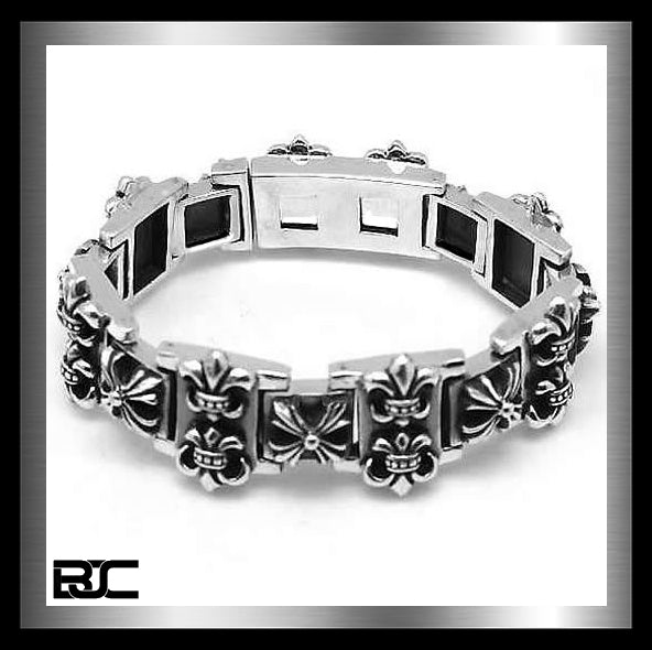 Sterling Silver Biker Bracelet Heavy Fleur De Lis Maltese Cross Link 2 - Biker Jewelry Club Sinister Silver Co.