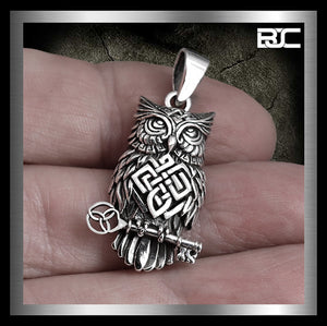 Sterling Silver Celtic Medieval Owl Trinity Key Pendant 1 - Biker Jewelry Club Sinister Silver Co.