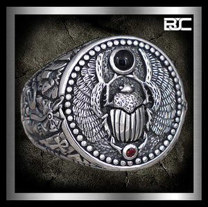 Sterling Silver Egyptian Scarab Thoth Anubis Biker Ring 1 - Biker Jewelry Club Sinister Silver Co.
