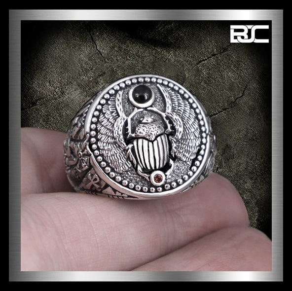 Sterling Silver Egyptian Scarab Thoth Anubis Biker Ring 2 - Biker Jewelry Club Sinister Silver Co.