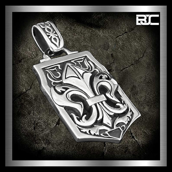 Sterling Silver Fleur De Lis Dog Tag Medieval Biker Pendant 1 - Biker Jewelry Club Sinister Silver Co.