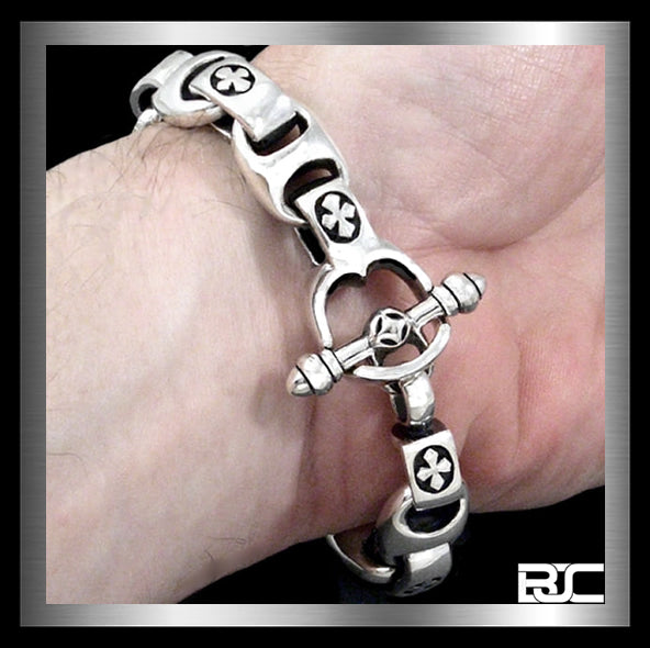 Sterling Silver Heavy Iron Cross Anchor Link Biker Bracelet 2 - Biker Jewelry Club Sinister Silver Co.