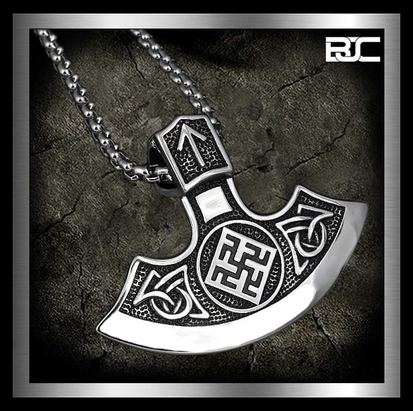 Sterling Silver Thors Rune Hammer Peruns Axe Viking Biker Pendant 1 - Biker Jewelry Club Sinister Silver Co.