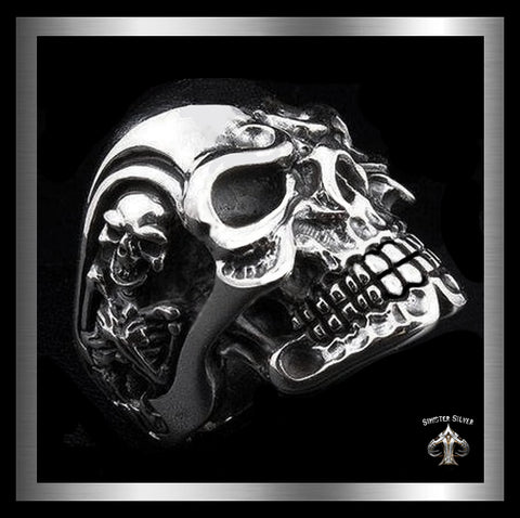 Sterling Silver Biker Boss Triple Skull Ring 1 - Biker Jewelry Club Sinister Silver Co.