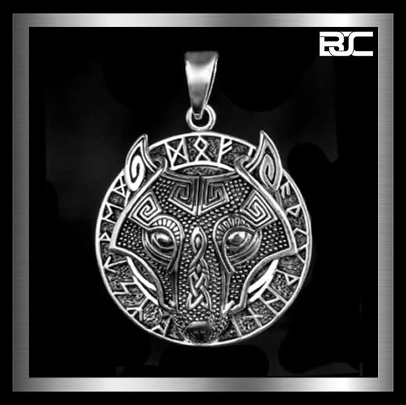 Sterling Silver Viking Wolf Pendant Futhark Runes 2 - Biker Jewelry Club Sinister Silver Co.