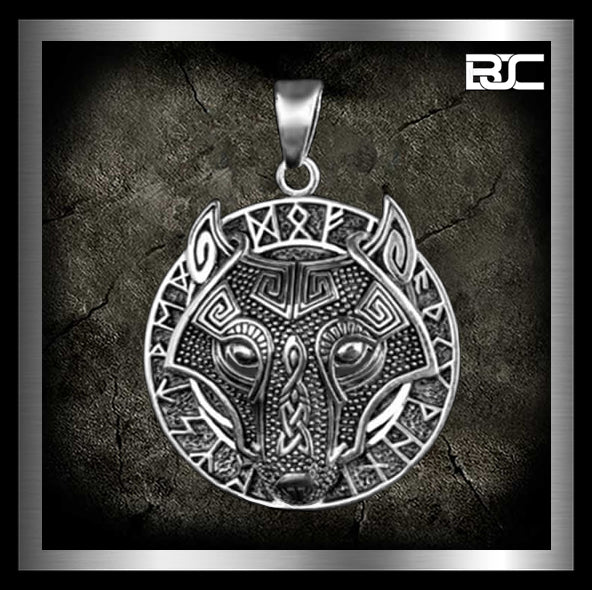 Sterling Silver Viking Wolf Pendant Futhark Runes 0 - Biker Jewelry Club Sinister Silver Co.