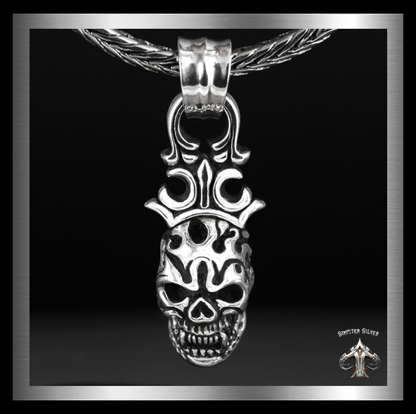 Sterling Silver Biker Crowned Classic Flame Skull Pendant 5 - Biker Jewelry Club Sinister Silver Co.