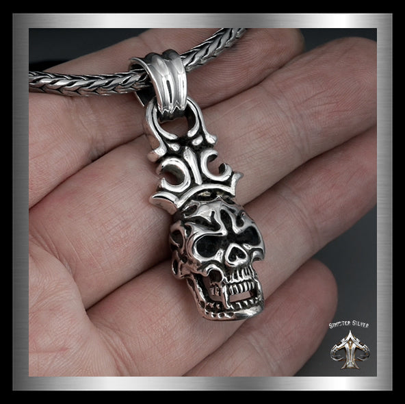 Sterling Silver Biker Crowned Classic Flame Skull Pendant 2 - Biker Jewelry Club Sinister Silver Co.