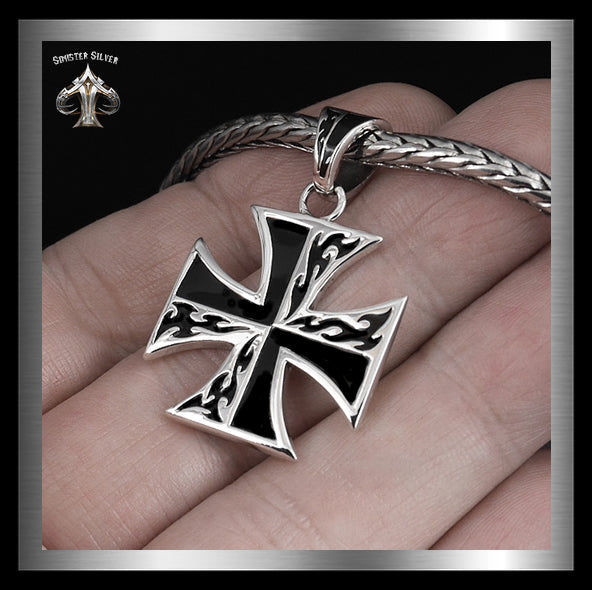 Sterling Silver Biker Flaming Iron Cross Pendant 2 - Biker Jewelry Club Sinister Silver Co.