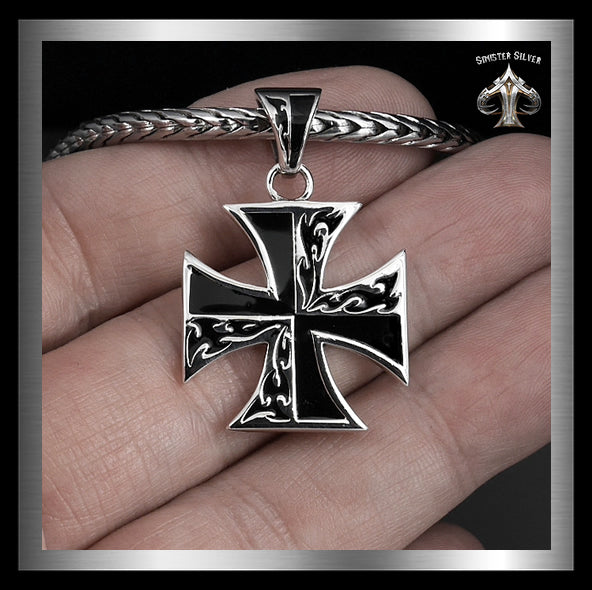 Sterling Silver Biker Flaming Iron Cross Pendant 3 - Biker Jewelry Club Sinister Silver Co.