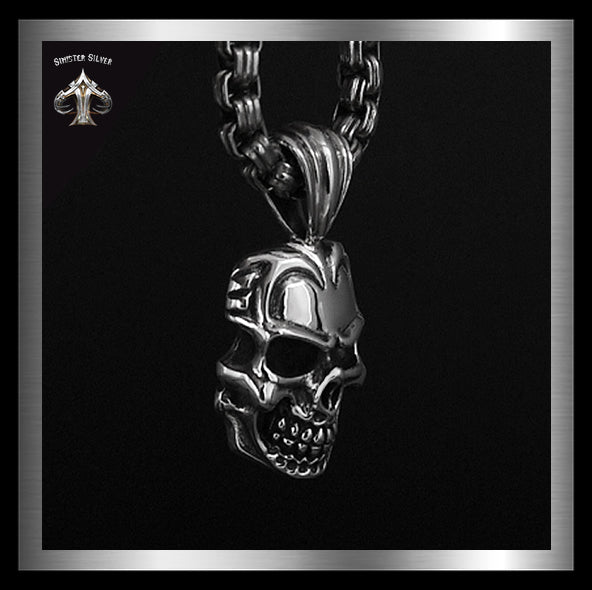 Sterling Silver Heavy High Detail Biker Skull Pendant 1 - Biker Jewelry Club and Sinister Silver Co.