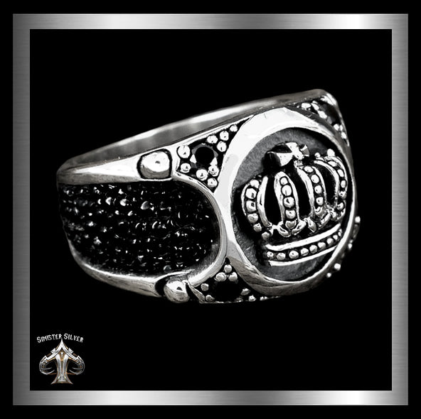 Mens Biker Ring Medieval Celtic Crown Stingray Inlay Sterling Silver 1 - Biker Jewelry Club Sinister Silver Co.