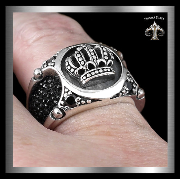Mens Biker Ring Medieval Celtic Crown Stingray Inlay Sterling Silver 2 - Biker Jewelry Club Sinister Silver Co.