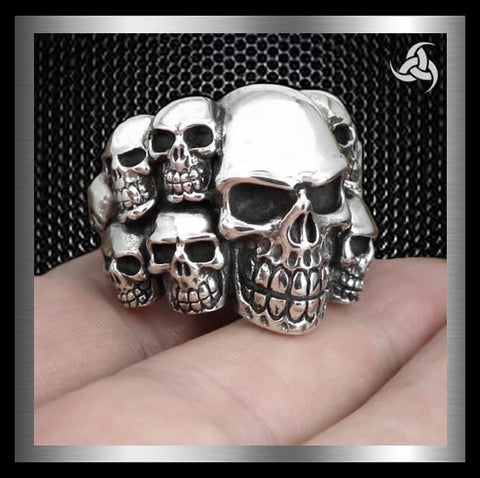 Sterling Silver Tomb Of Skulls Ring 1 - Biker Jewelry Club Sinister Silver Co.
