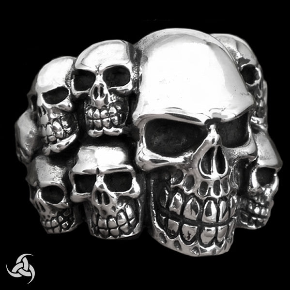 Sterling Silver Tomb Of Skulls Ring 2 - Biker Jewelry Club Sinister Silver Co.
