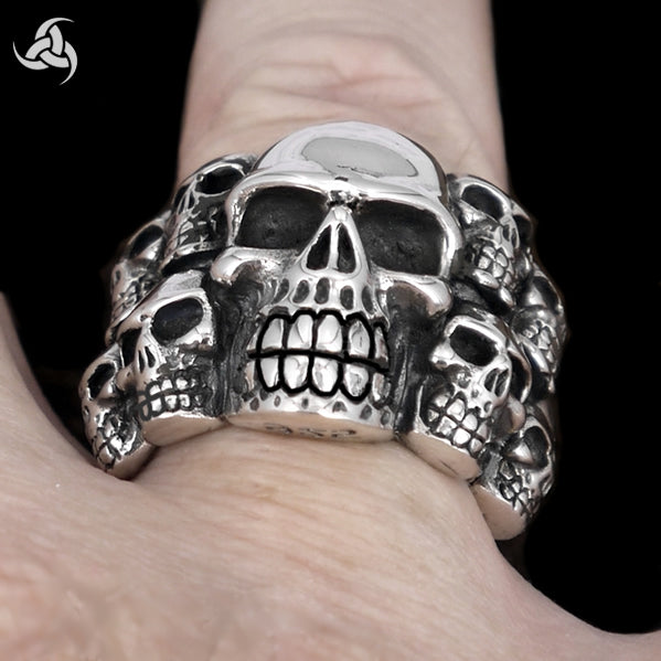 Sterling Silver Tomb Of Skulls Ring 3 - Biker Jewelry Club Sinister Silver Co.