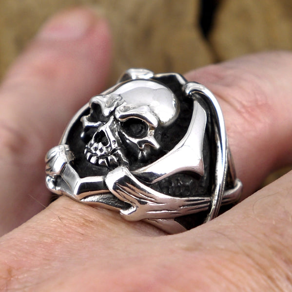 Sterling Silver Biker Skull And Bones Ring 4 - Biker Jewelry Club Sinister Silver Co.
