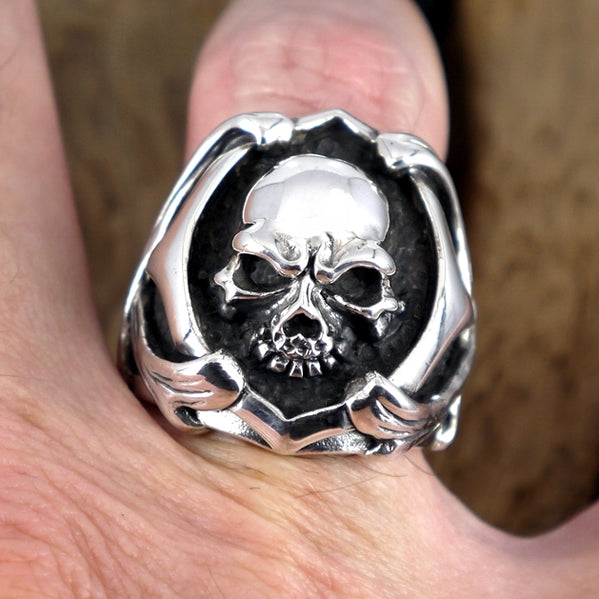 Sterling Silver Biker Skull And Bones Ring 2 - Biker Jewelry Club Sinister Silver Co.