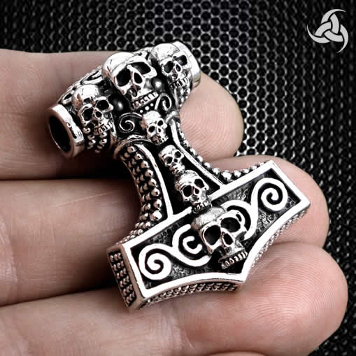 Sterling Silver Biker Skull Viking Thors Hammer 2 - Biker Jewelry Club Sinister Silver Co.