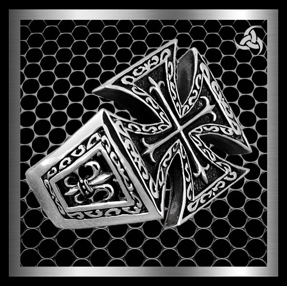 Sterling Silver Iron Maltese Cross Mens Biker Ring 1 - Biker Jewelry Club Sinister Silver Co.