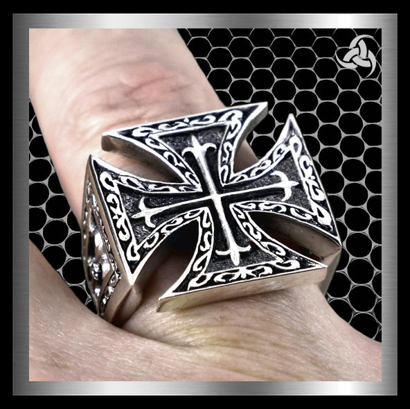 Sterling Silver Iron Maltese Cross Mens Biker Ring 2 - Biker Jewelry Club Sinister Silver Co.