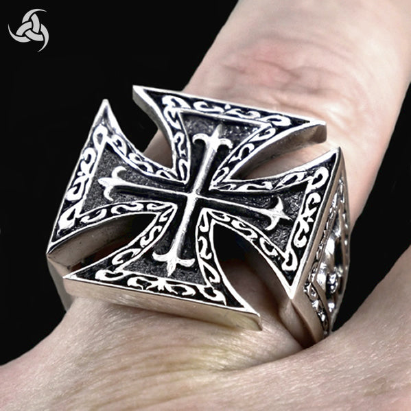 Sterling Silver Iron Maltese Cross Mens Biker Ring 3 - Biker Jewelry Club Sinister Silver Co.