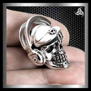 Mens Biker Skull Pendant DJ Headphones Sterling Silver 1 - Biker Jewelry Club Sinister Silver Co.