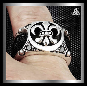 Mens Biker Ring Celtic Fleur Stingray Inlay Sterling Silver Sz 10.5 - Biker Jewelry Club Sinister Silver Co.