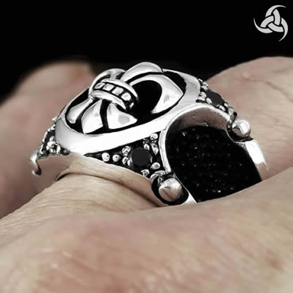 Mens Biker Ring Celtic Fleur Stingray Inlay Sterling Silver Sz 10.5 - Biker Jewelry Club Sinister Silver Co.