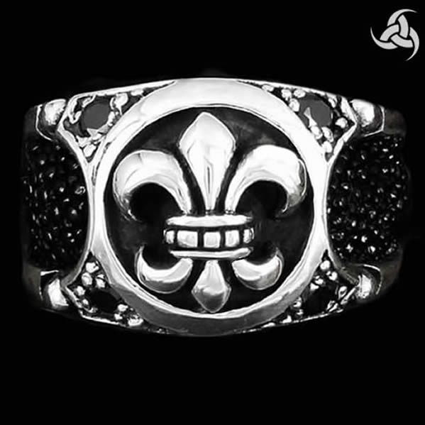 Mens Biker Ring Celtic Fleur Stingray Inlay Sterling Silver Sz 10.5 - Biker Jewelry Club Sinister Silver Co.