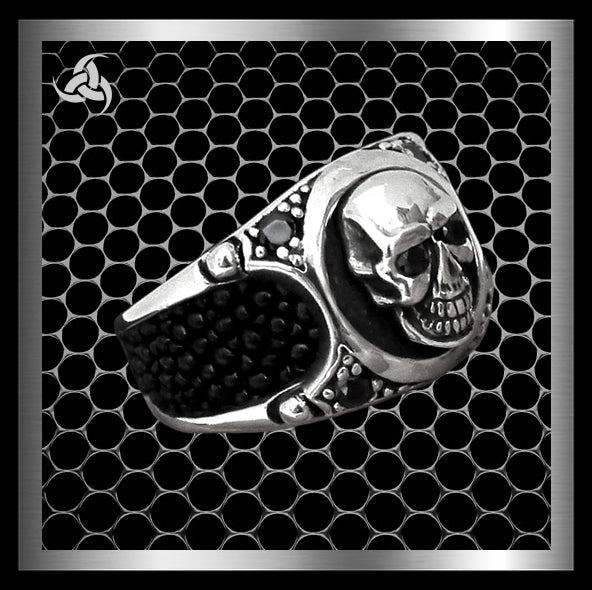 Mens Biker Ring Skull Stingray Inlay Sterling Silver 1 - Biker Jewelry Club Sinister Silver Co.