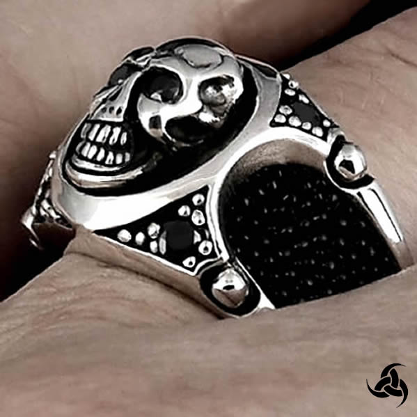 Mens Biker Ring Skull Stingray Inlay Sterling Silver 2 - Biker Jewelry Club Sinister Silver Co.