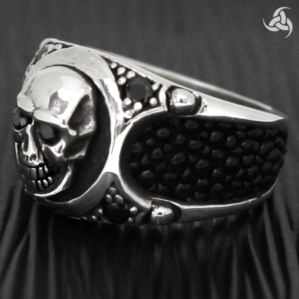 Mens Biker Ring Skull Stingray Inlay Sterling Silver 3 - Biker Jewelry Club Sinister Silver Co.