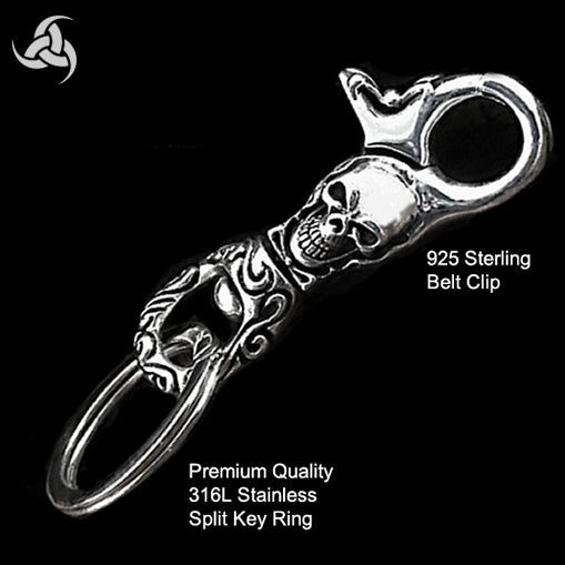 Biker Keychain Heavy Skull Belt Clip Sterling Silver Wallet Connector 2 - Biker Jewelry Club Sinister Silver Co.