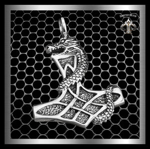 Sterling Silver Thors Hammer Viking Dragon Pendant 1 - Biker Jewelry Club