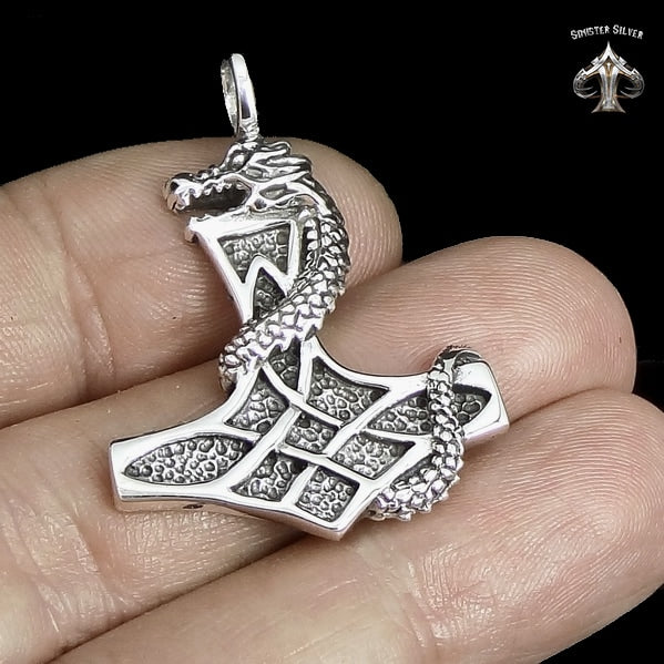 Sterling Silver Thors Hammer Viking Dragon Pendant 2 - Biker Jewelry Club