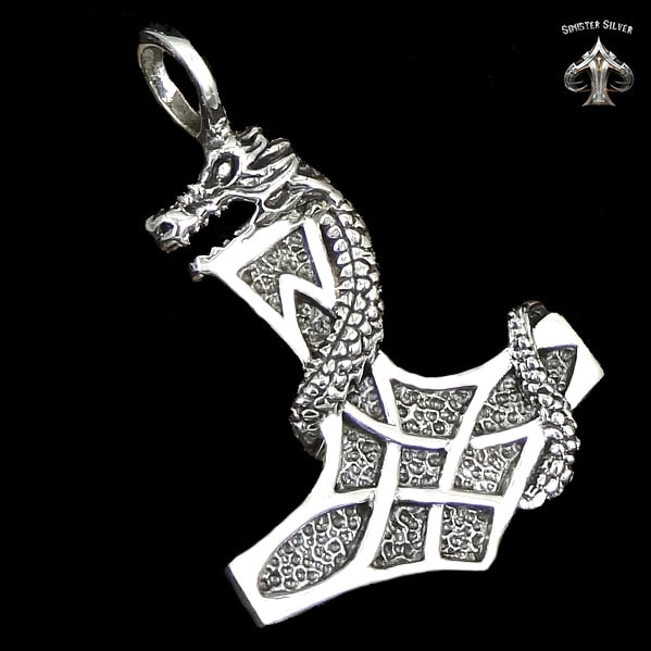 Sterling Silver Thors Hammer Viking Dragon Pendant 3 - Biker Jewelry Club