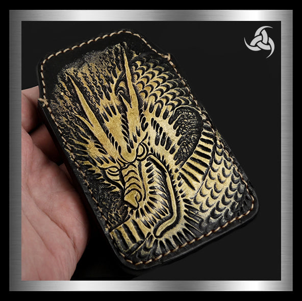 PREMIUM Tooled Dragon iPhone Cellphone Case Hand Carved Leather Universal Fit Sleeve - Sinister Silver Co.