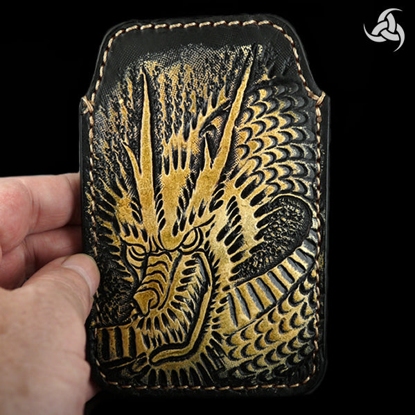 PREMIUM Tooled Dragon iPhone Cellphone Case Hand Carved Leather Universal Fit Sleeve - Sinister Silver Co.