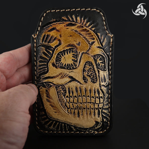 PREMIUM Tooled Skull iPhone Cellphone Case Hand Carved Leather Universal Fit Sleeve - Sinister Silver Co.