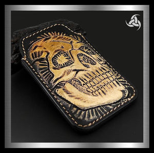 PREMIUM Tooled Skull iPhone Cellphone Case Hand Carved Leather Universal Fit Sleeve - Sinister Silver Co.