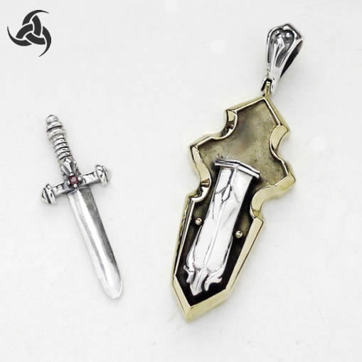 Celtic Broad Sword Pendant Sterling Silver And Brass 4 - Biker Jewelry Club Sinister Silver Co.