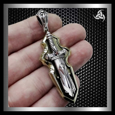 Celtic Broad Sword Pendant Sterling Silver And Brass 1 - Biker Jewelry Club Sinister Silver Co.