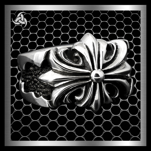Mens Biker Ring Templar Cross Stingray Inlay Sterling Silver - Main Image